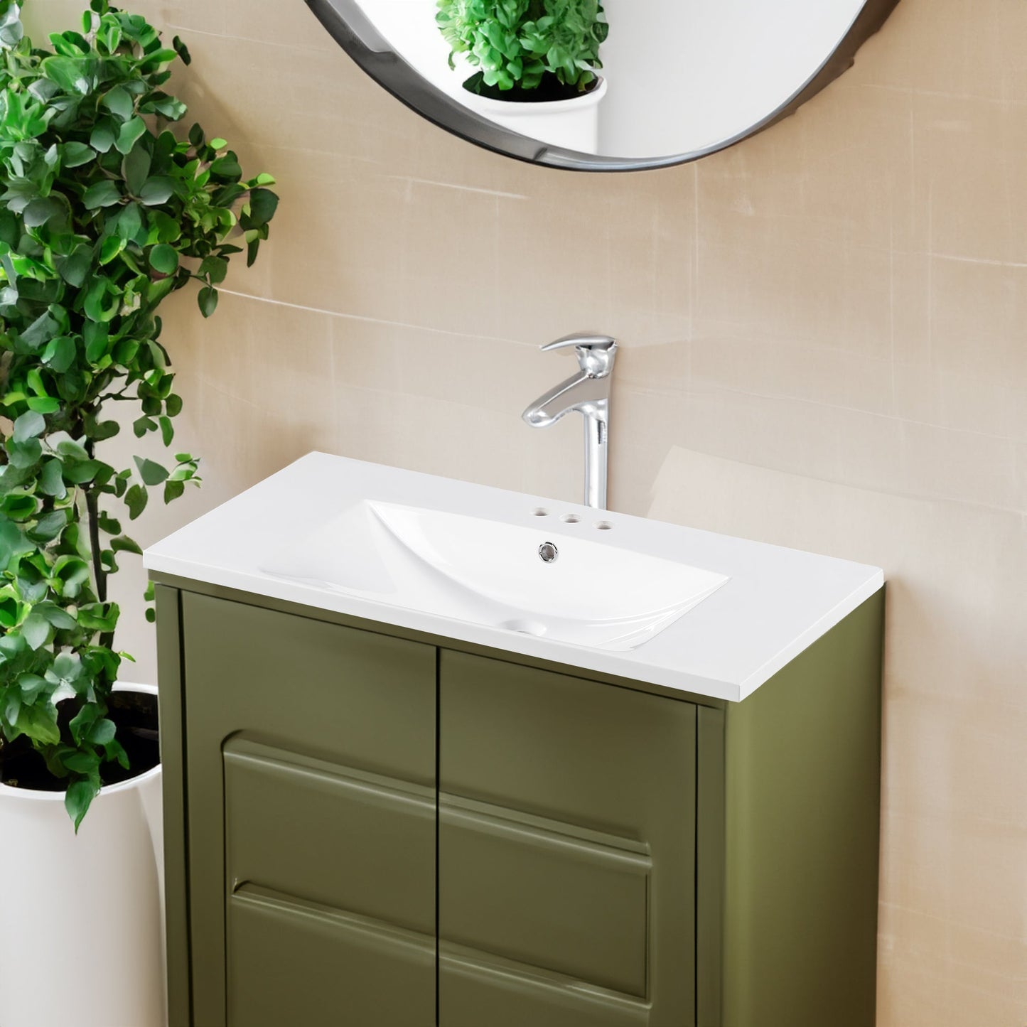 36" Single Bathroom Basin Sink, Vanity Top Only, 3-Faucet Holes, Resin - Korvel