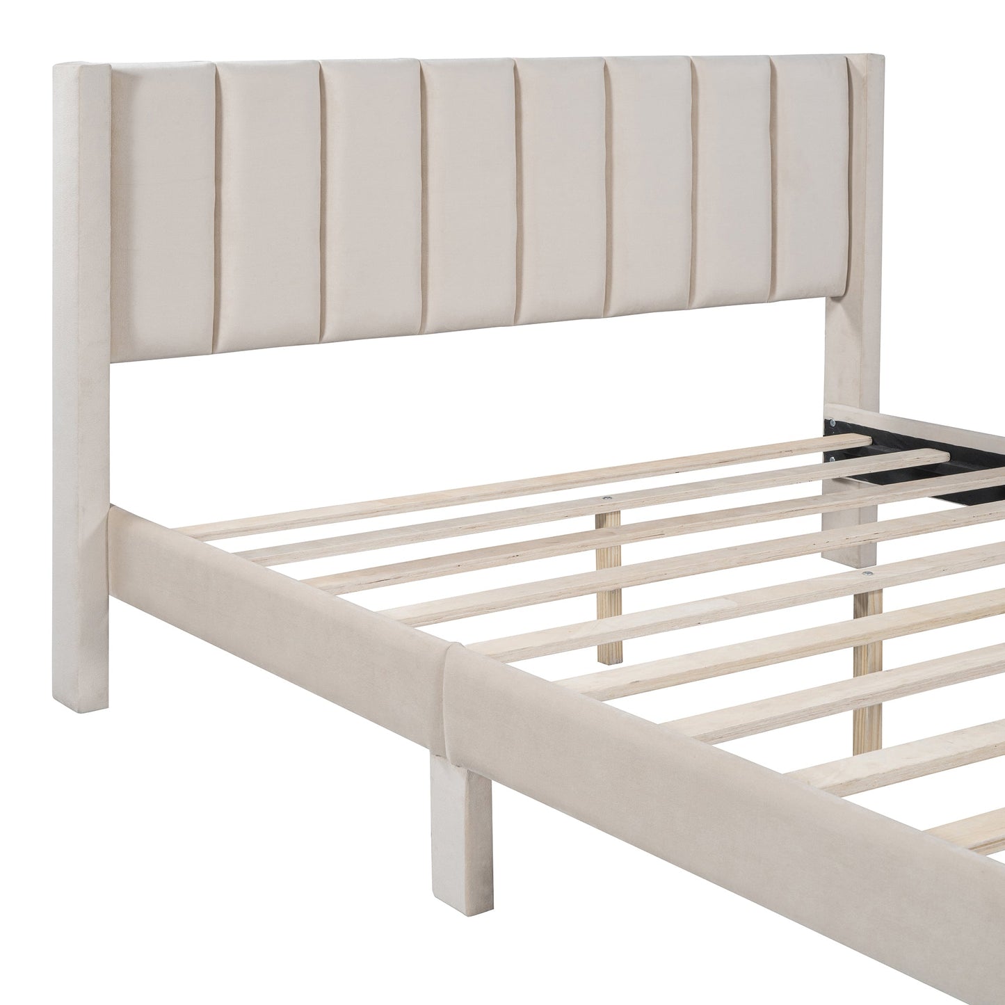 Queen Size Storage Bed Velvet Upholstered Platform Bed with a Big Drawer - Beige - Korvel