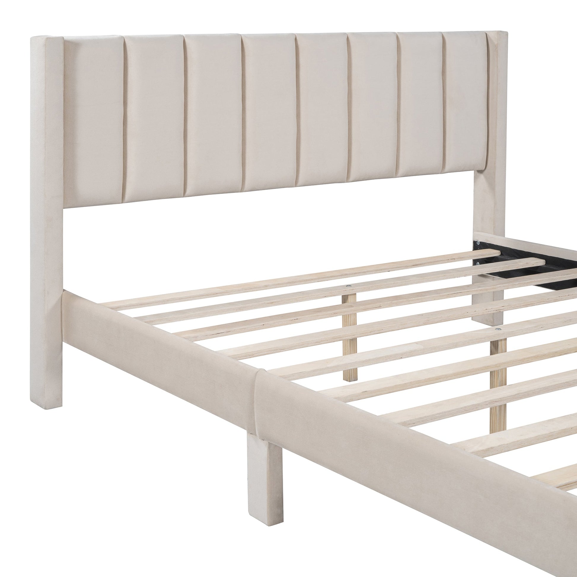 Queen Size Storage Bed Velvet Upholstered Platform Bed with a Big Drawer - Beige - Korvel
