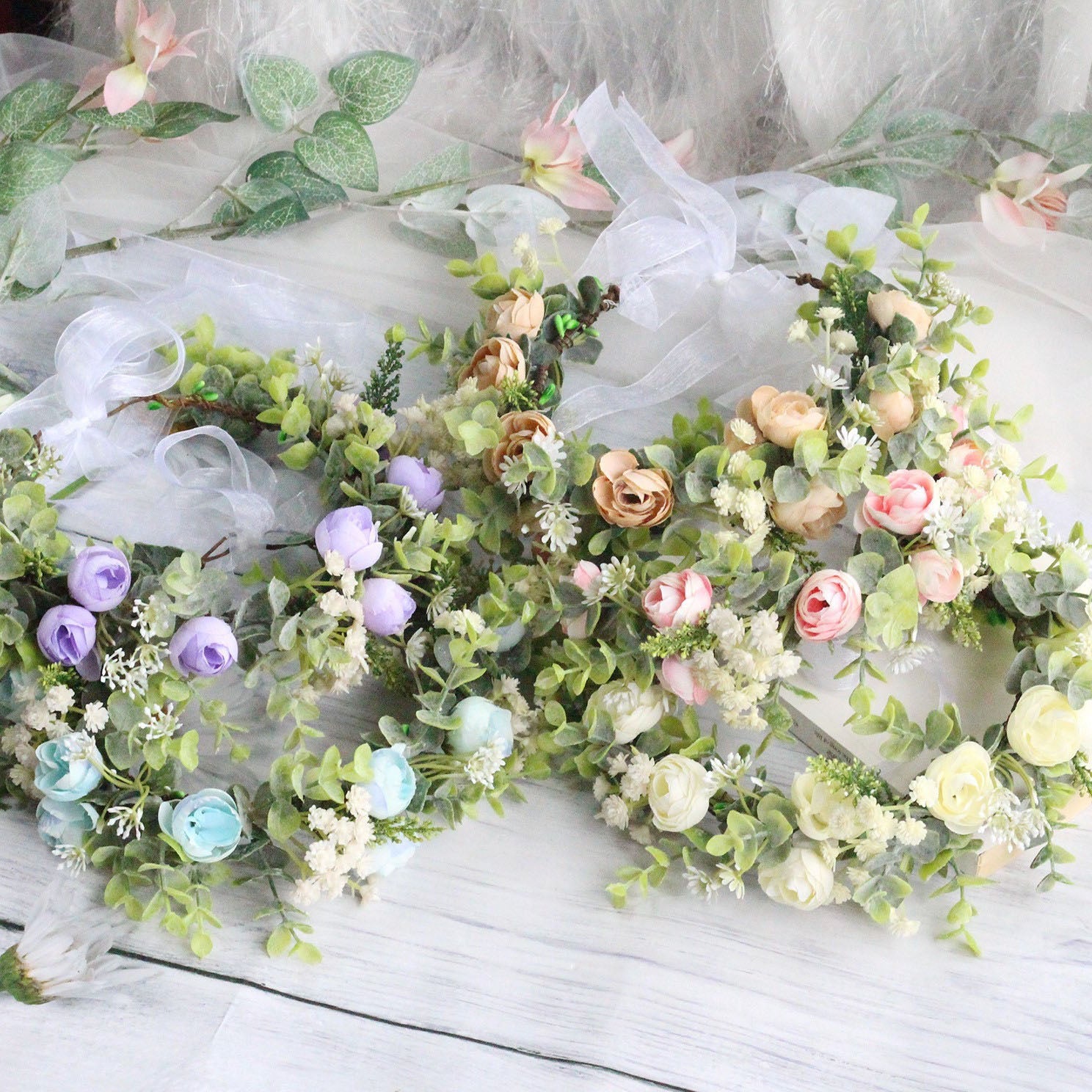 Forest style curled edge rose headband, simulated starry sky, eucalyptus wreath, bride's wedding dress, photography, headwear - Korvel