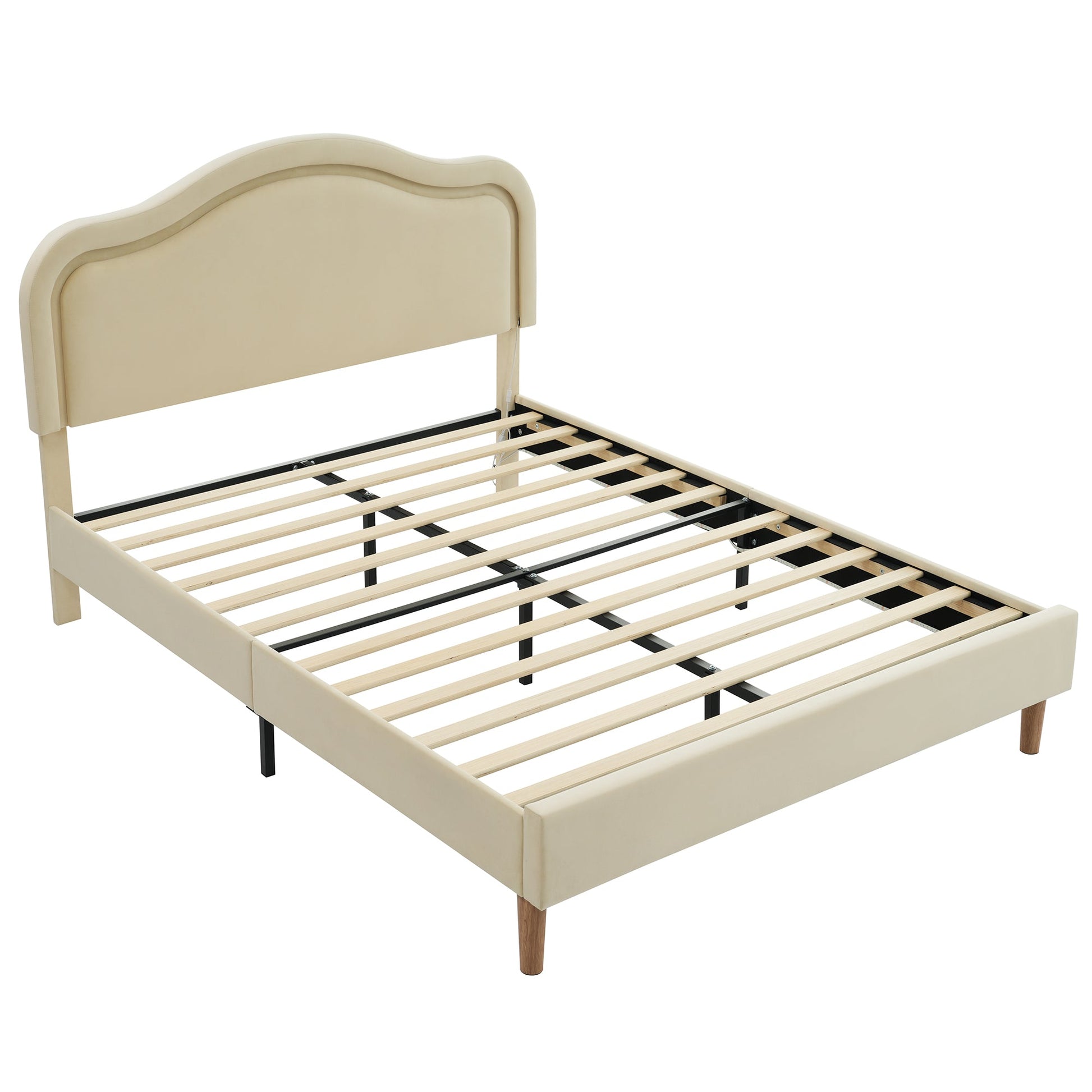 Full Size Velvet Upholstered Smart LED Bed Frame with Adjustable Height Headboard,No Box Spring Needed,Easy Assembly,Beige - Korvel
