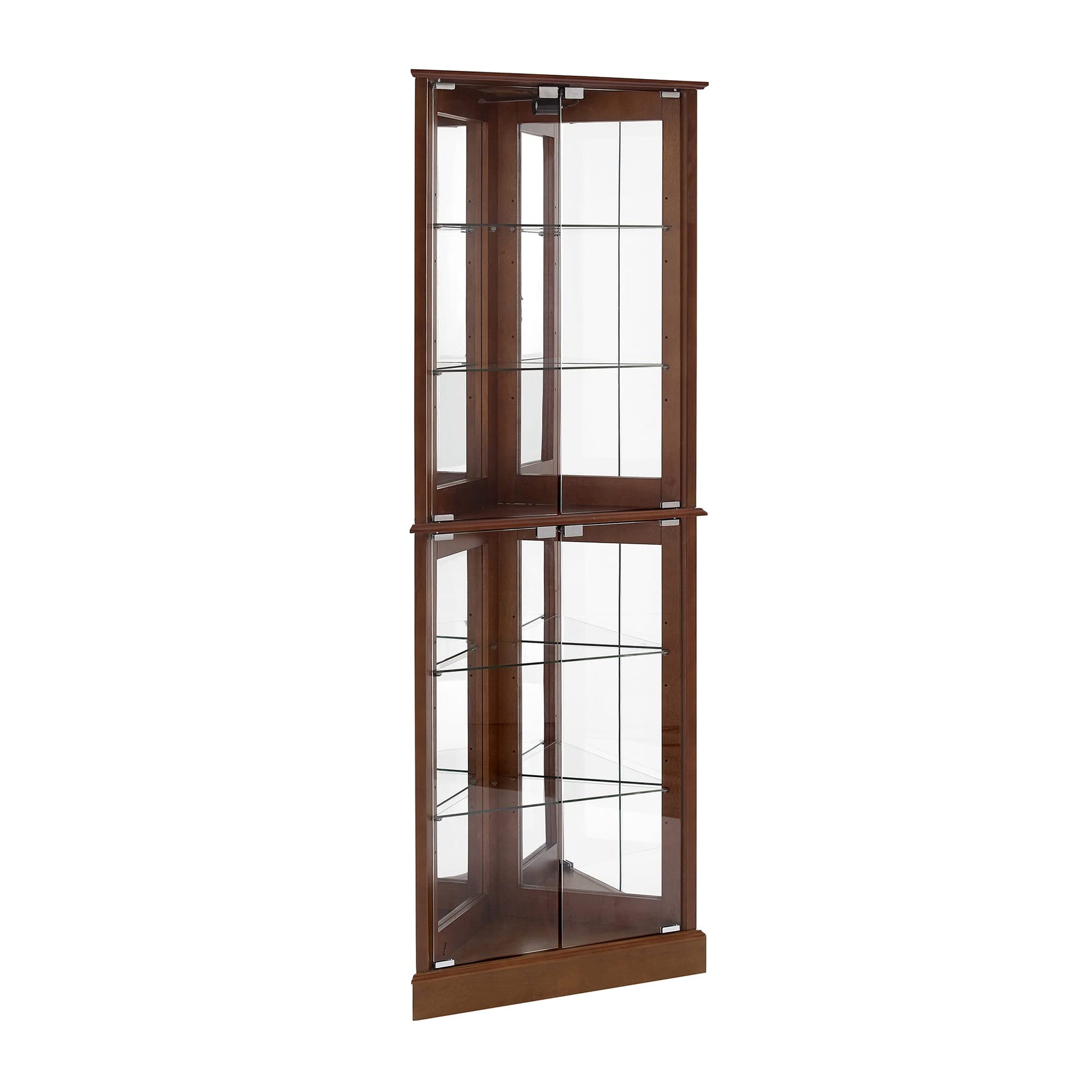 Corner Curio Dispaly Cabinet with Lights, Adjustable Tempered Glass Shelves, Mirrored Back,Walnut(E26 light bulb not included) - Korvel