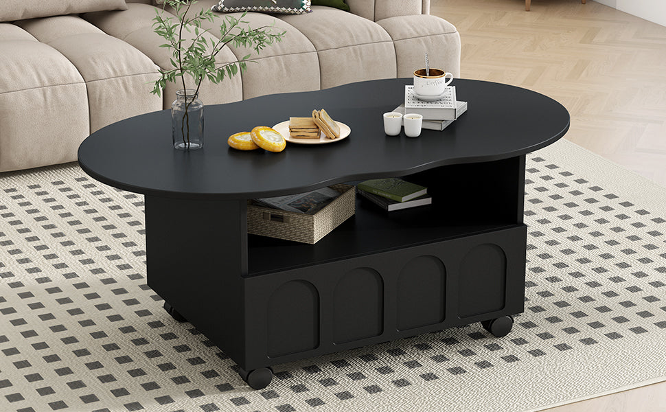 ON-TRANS flexible cream style coffee table with 2 brake wheels, drawers, large storage space,black, 39.37 '' x 23.6 '' - Korvel