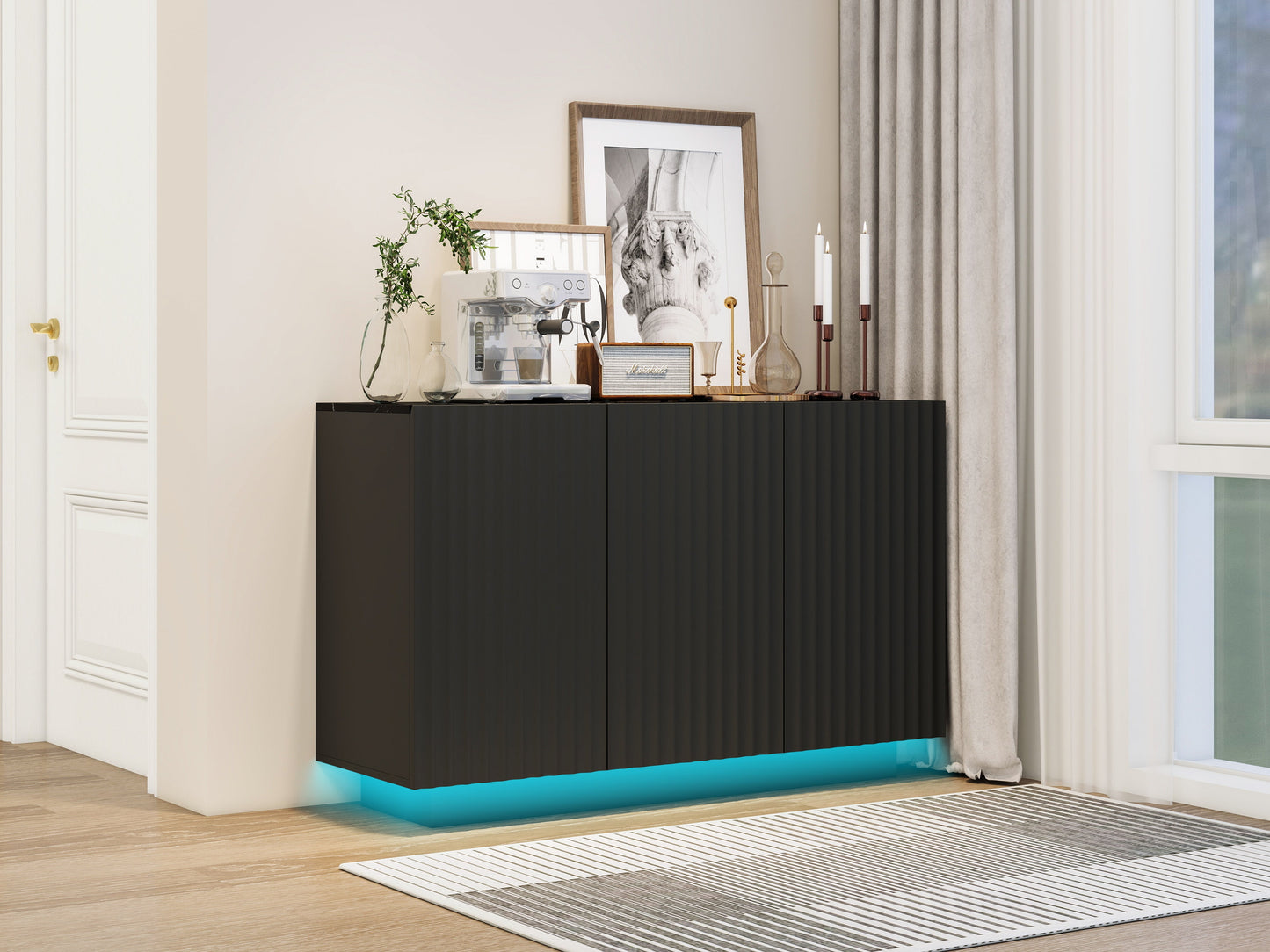 LED Carved Line 3 Door Storage Cabinet,Sideboard Buffet Cabinet With Adjustable Shelf,Large Storage Accent Cabinet - Korvel