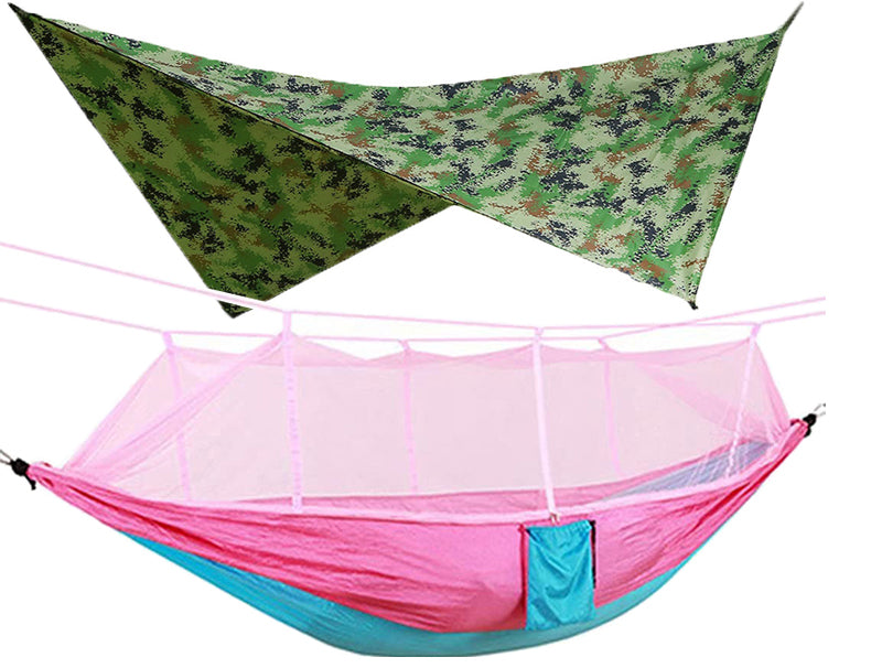 260x140cm Outdoor Double Camping Hammock with Mosquito Net and Rain Fly Tarp Lightweight Parachute Hammocks for Travel Hiking - Korvel