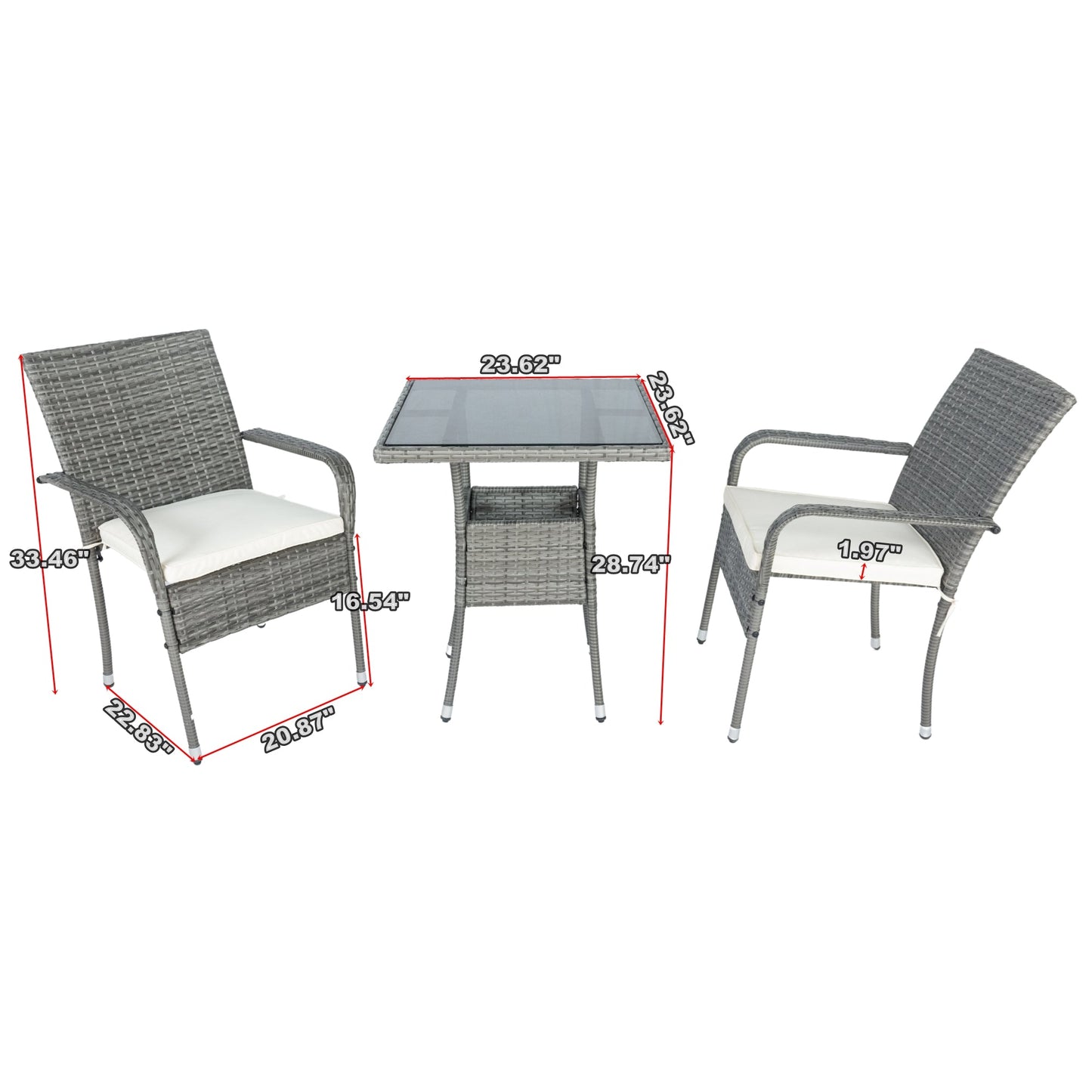 3 Piece Patio Wicker Conversation Set Grey Wicker + white Cushion - Korvel