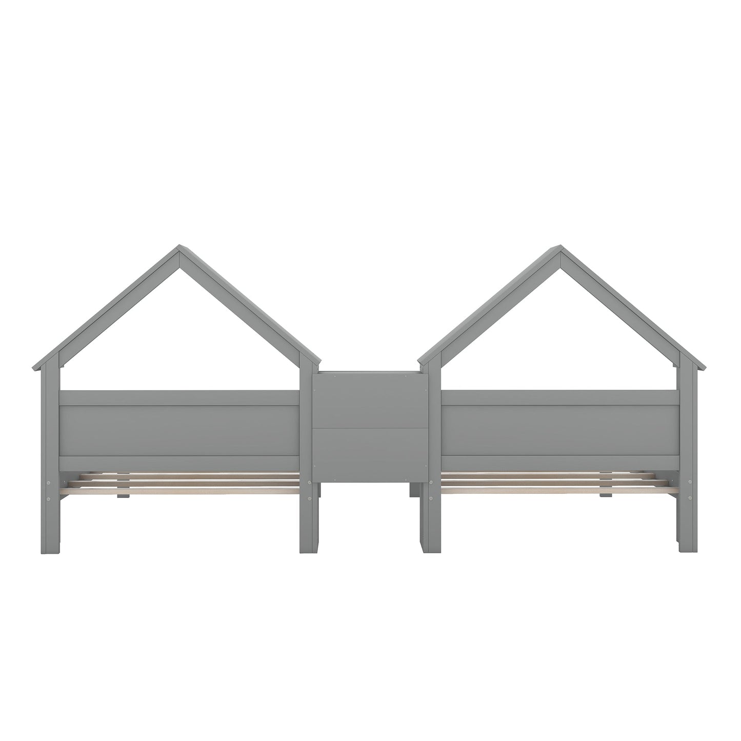 Double Twin Size Platform Bed with House-shaped Headboard and a Built-in Nightstand  Grey - Korvel