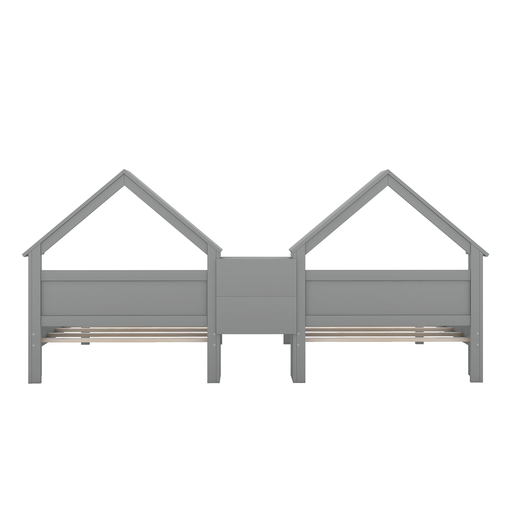 Double Twin Size Platform Bed with House-shaped Headboard and a Built-in Nightstand  Grey - Korvel