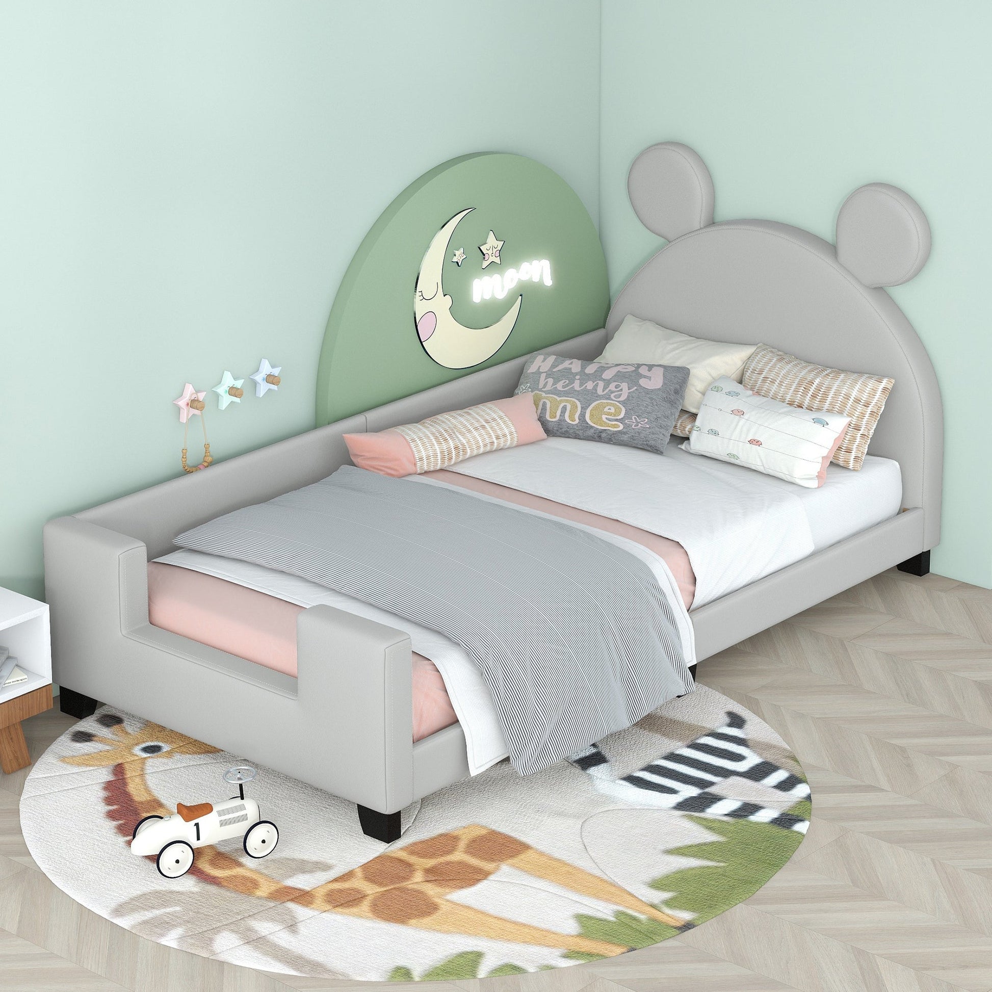 Twin Size Upholstered Daybed with Carton Ears Shaped Headboard  Grey - Korvel