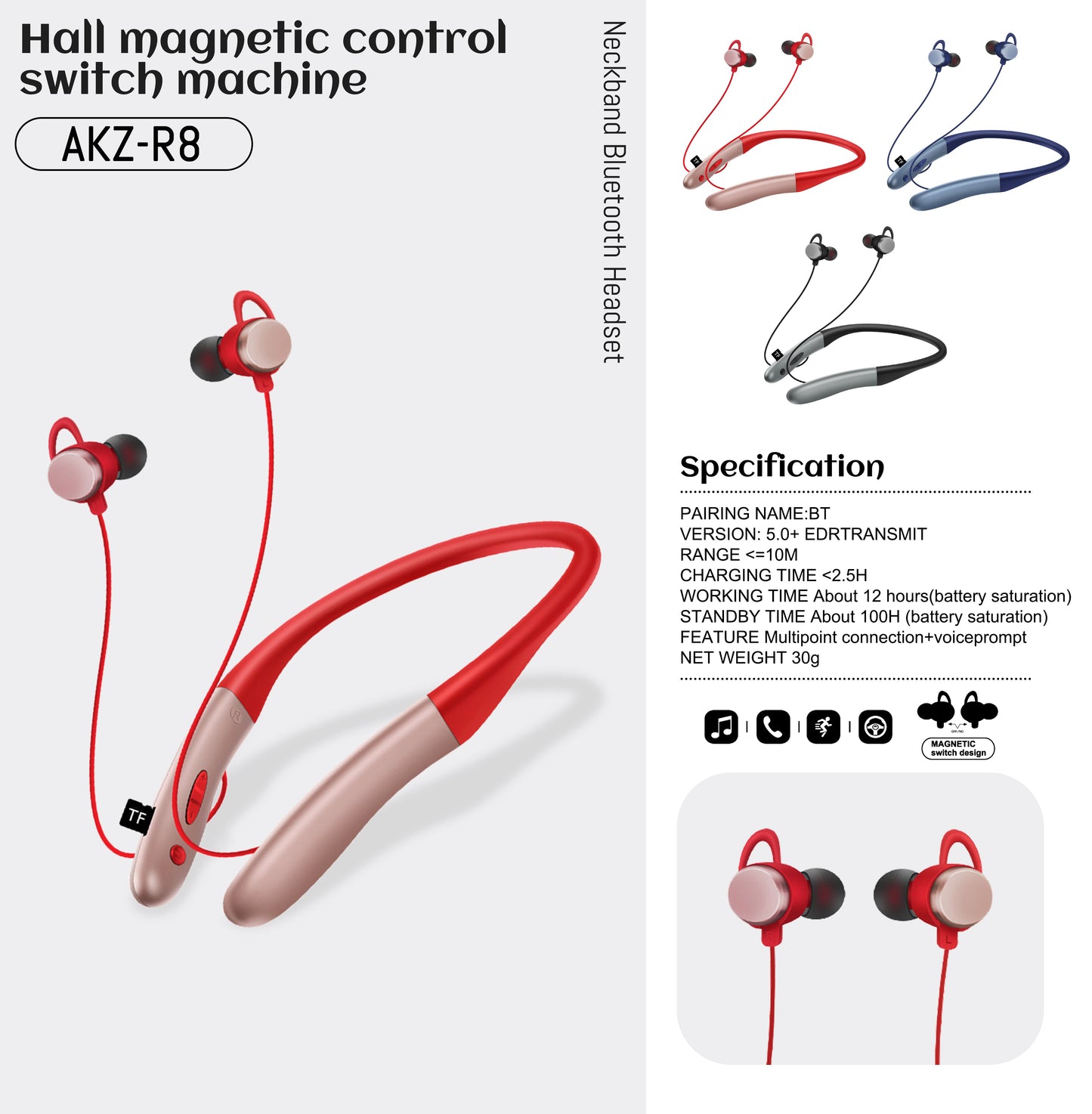 AKZ-R8 New Private Model Wireless Bluetooth Headset 5.0 Hanging Neck Sports Hall Magnetic Switch Stereo Headset - Korvel