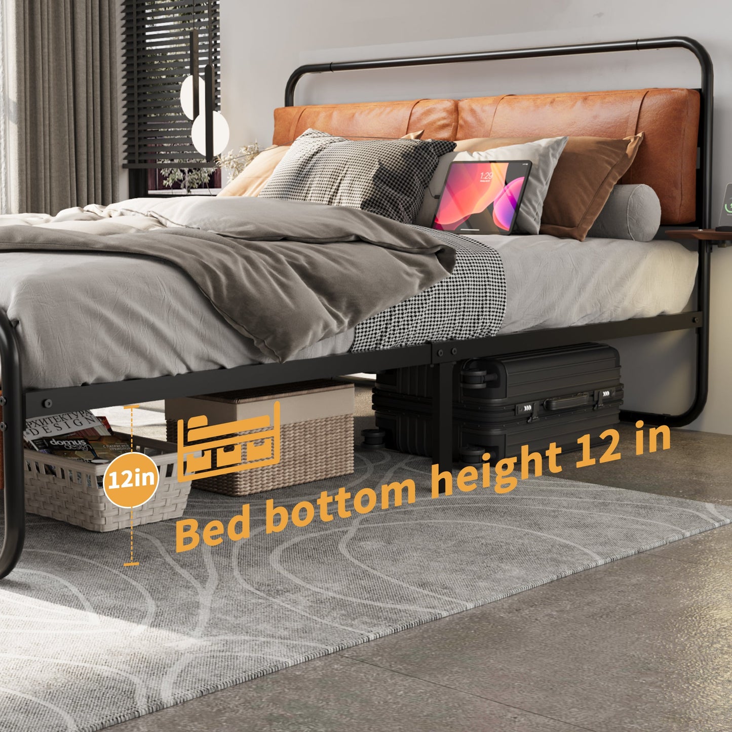 King Size Metal Bed Frame with Upholstered Headboard