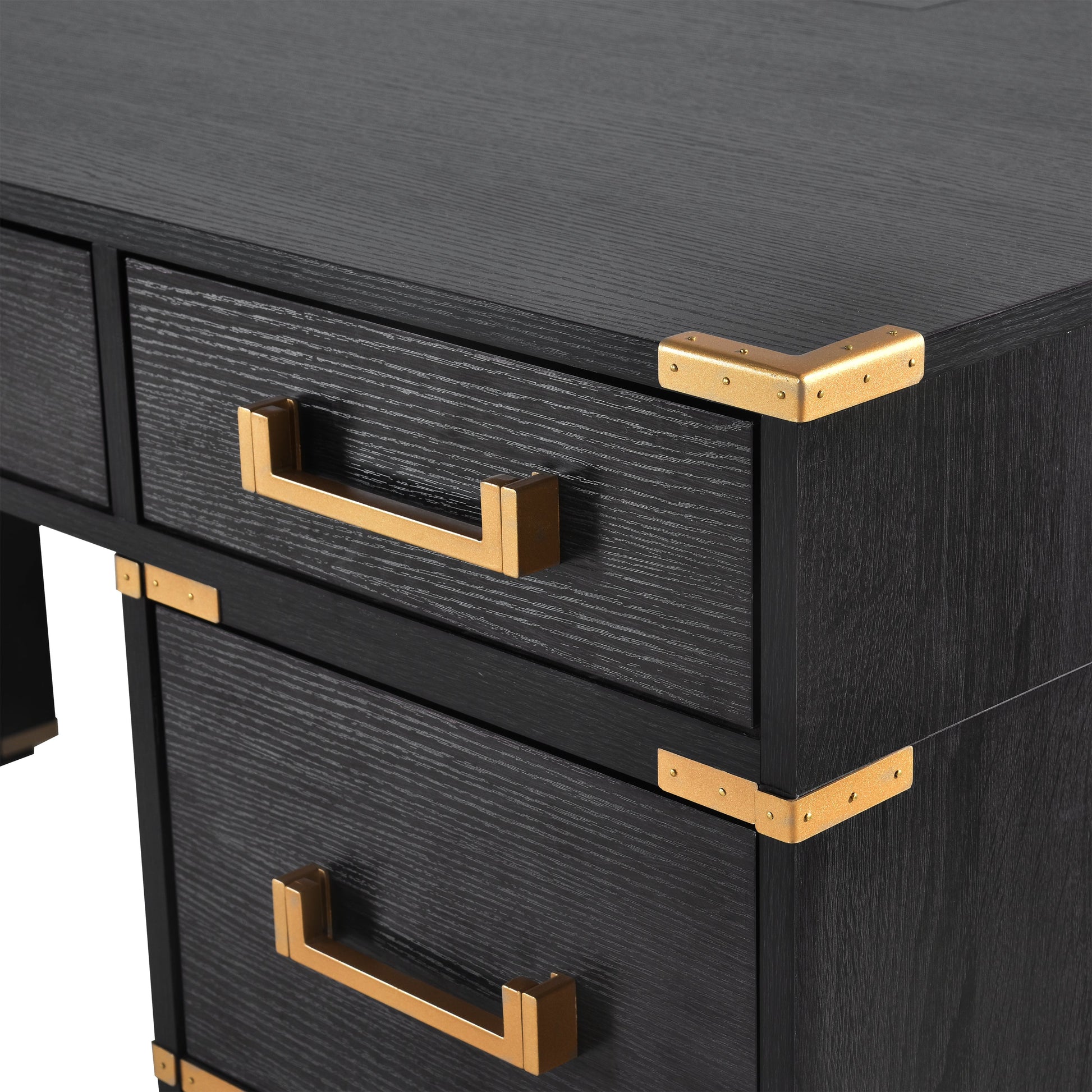 70 inch classic and traditional executive desk with metal trim, writing desk with 2 file drawers, USB ports, and sockets, black - Korvel