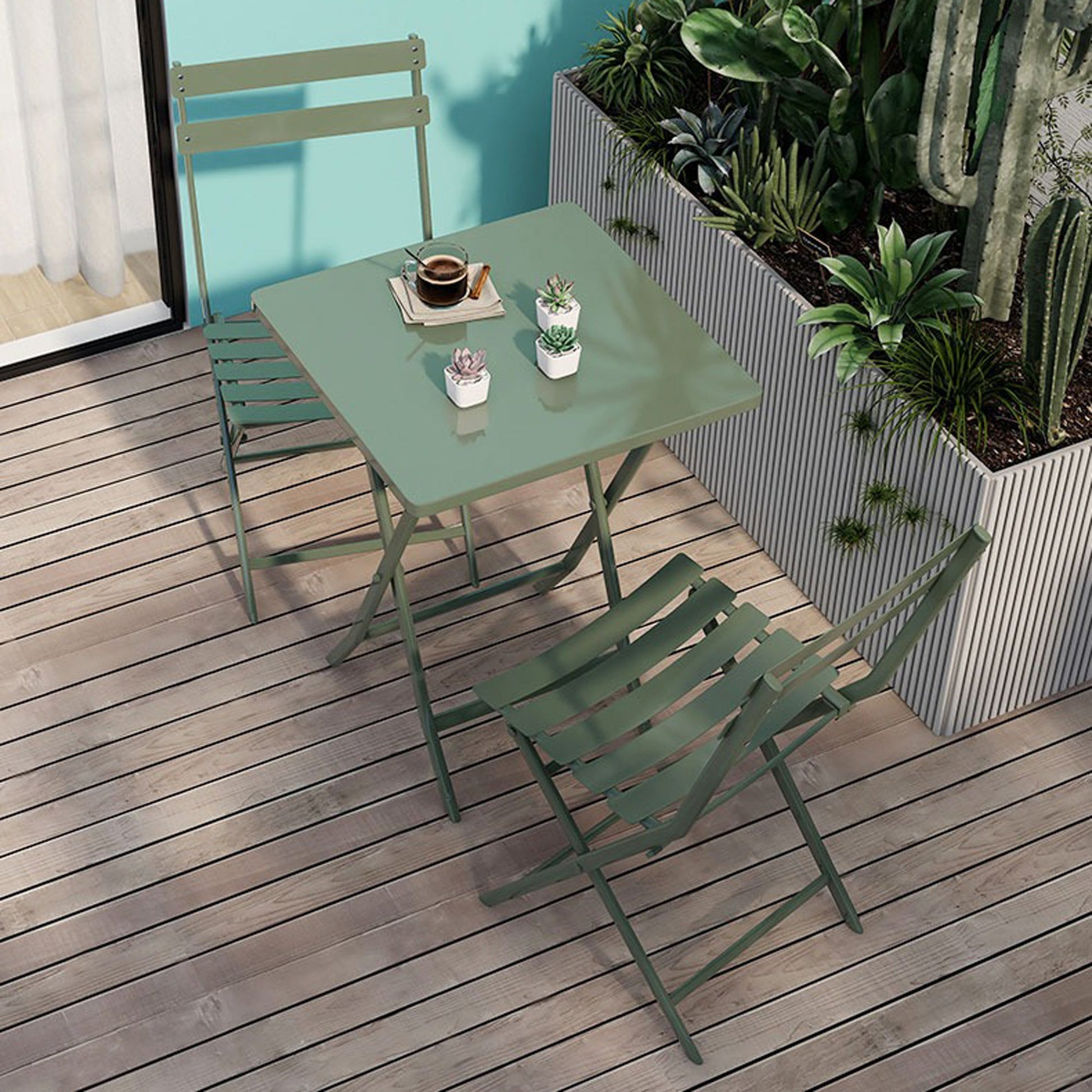 3 Piece Patio Bistro Set of Foldable SquareTable and Chairs, Dark Greem - Korvel