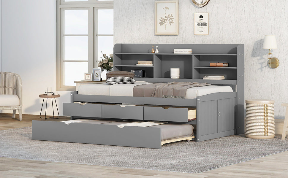 Twin Size Wooden Captain Bed with Built-in Bookshelves,Three Storage Drawers and Trundle Light Grey - Korvel