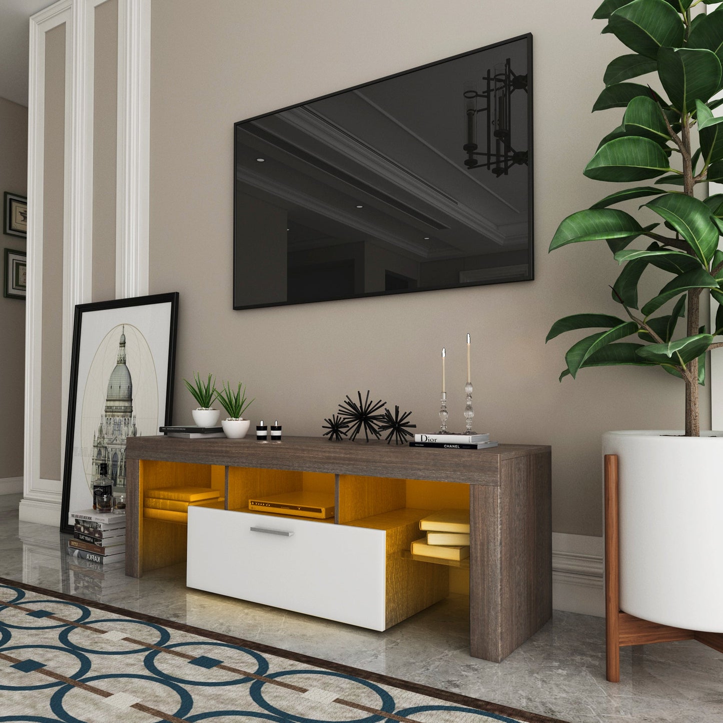 Modern Brown and White TV Stand with Quick Assembly