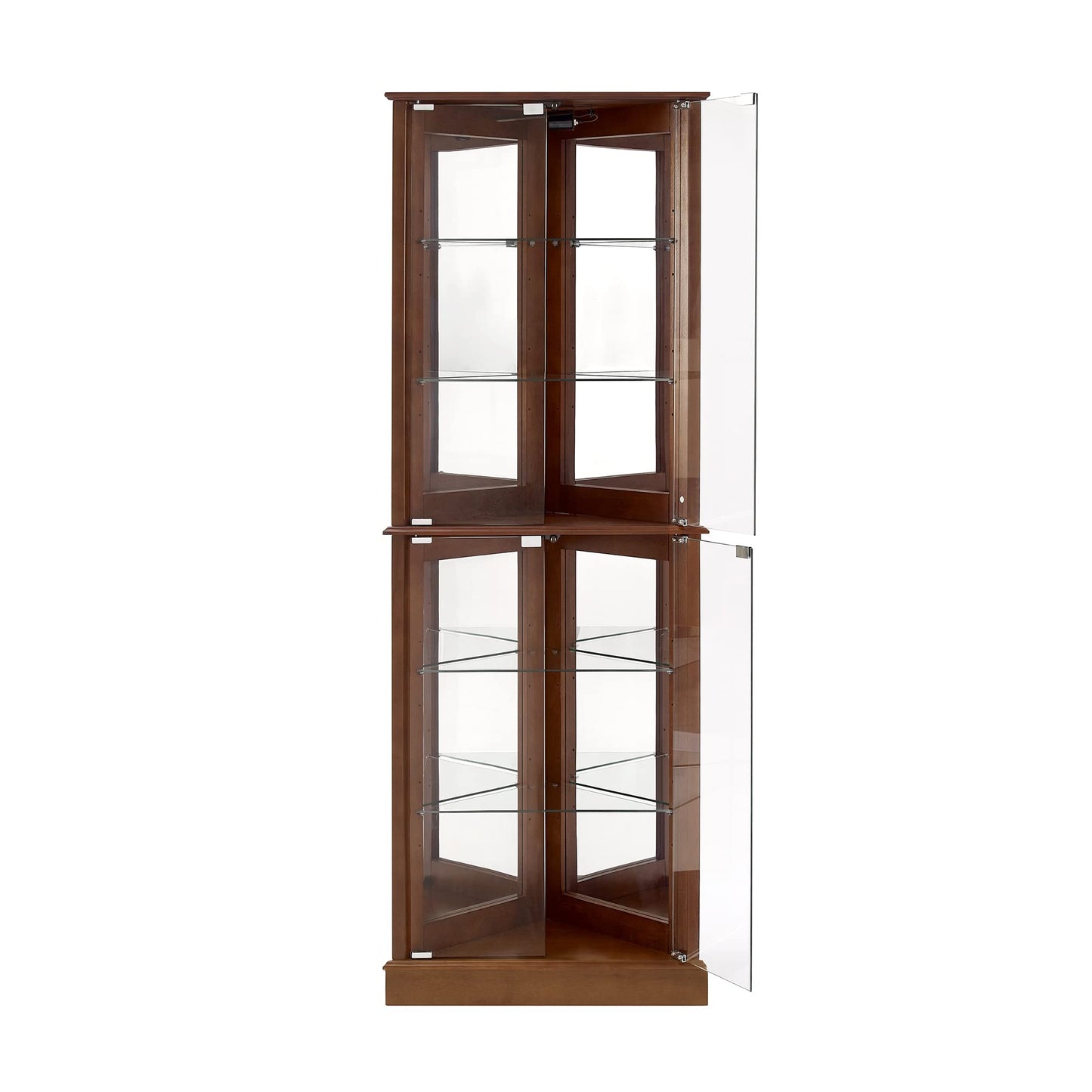 Corner Curio Dispaly Cabinet with Lights, Adjustable Tempered Glass Shelves, Mirrored Back,Walnut(E26 light bulb not included) - Korvel