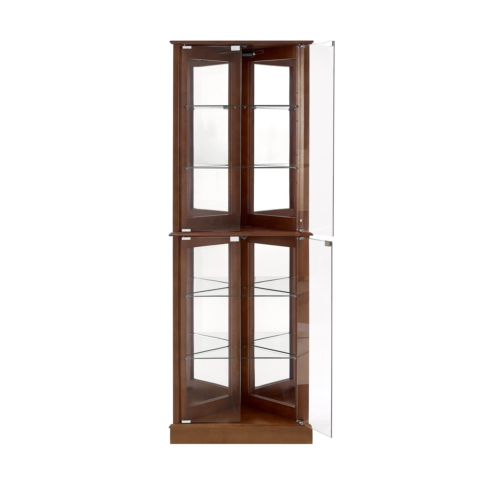 Corner Curio Dispaly Cabinet with Lights, Adjustable Tempered Glass Shelves, Mirrored Back,Walnut(E26 light bulb not included) - Korvel