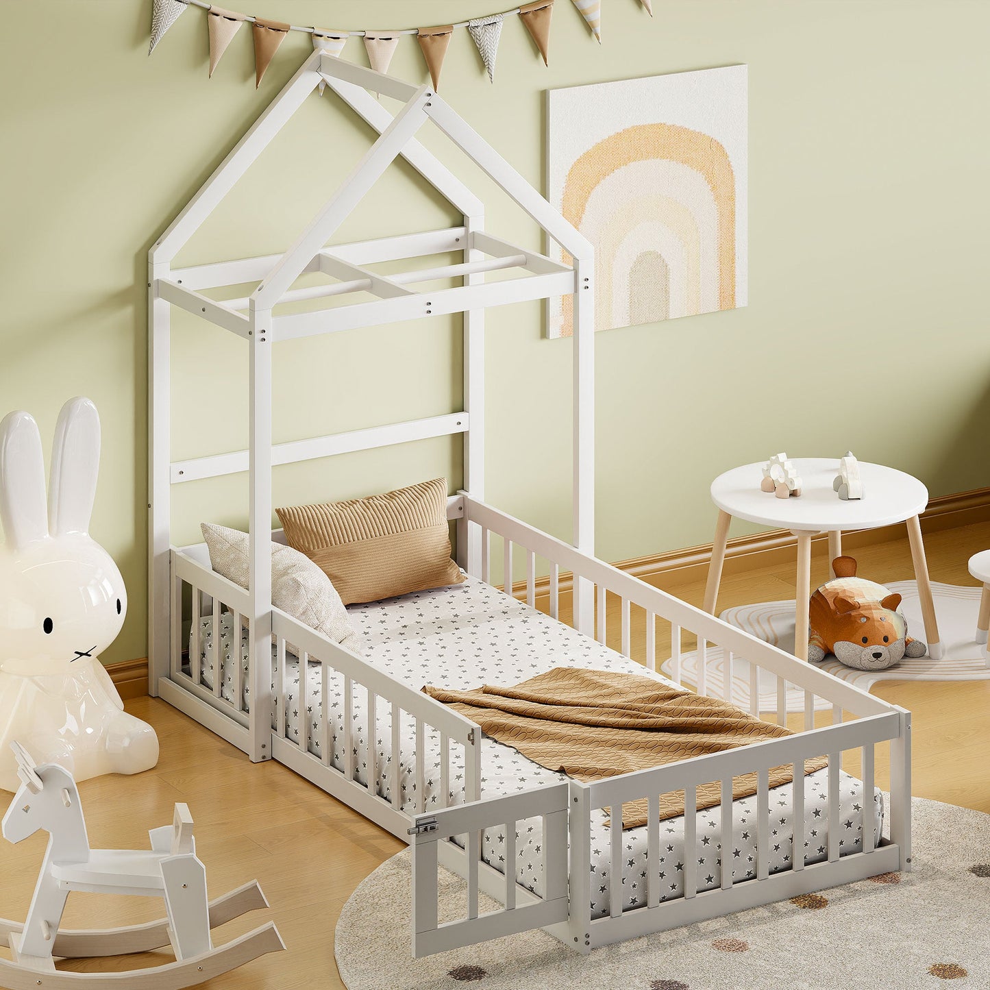 Wooden Twin Size Children's Bed with Detachable Headboard and Integrated Clothes Drying Rack, White - Korvel