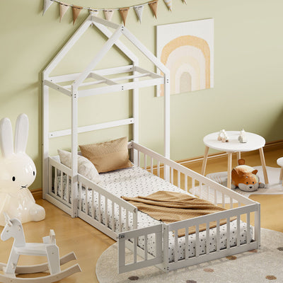 Wooden Twin Size Children's Bed with Detachable Headboard and Integrated Clothes Drying Rack, White - Korvel