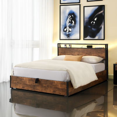 Elevating storage bed frame, full-size bed frame with bookshelf headboard and LED lights, with country brown color - Korvel