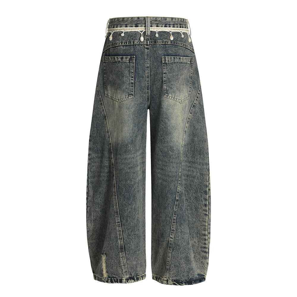 Punk Retro Washed Distressed Denim Wide-Leg Pants Men's Trendy Unique Design Loose Fit Flared Trousers - Korvel