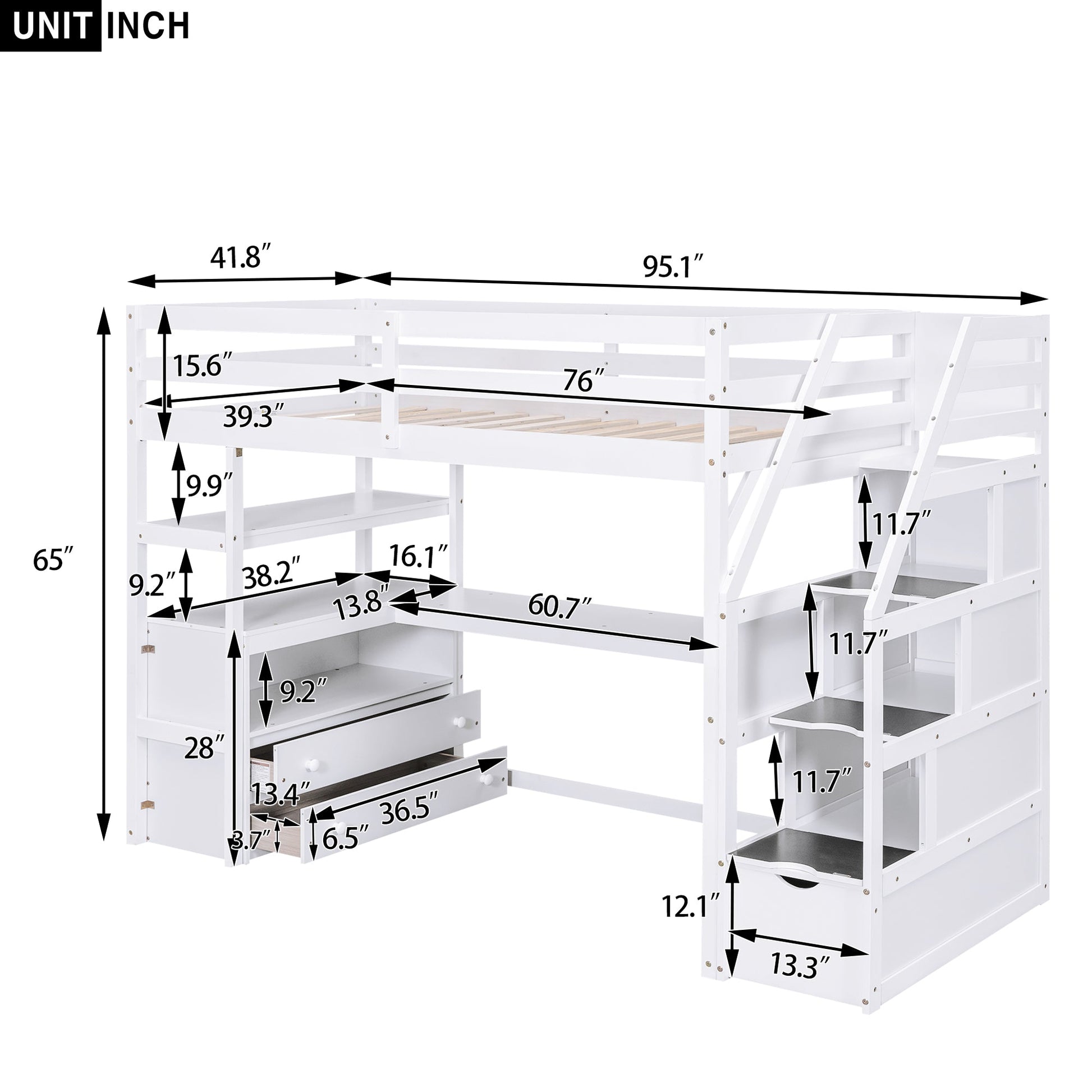 Twin Size Loft Bed with Desk and Shelves  Two Built-in Drawers  Storage Staircase White - Korvel