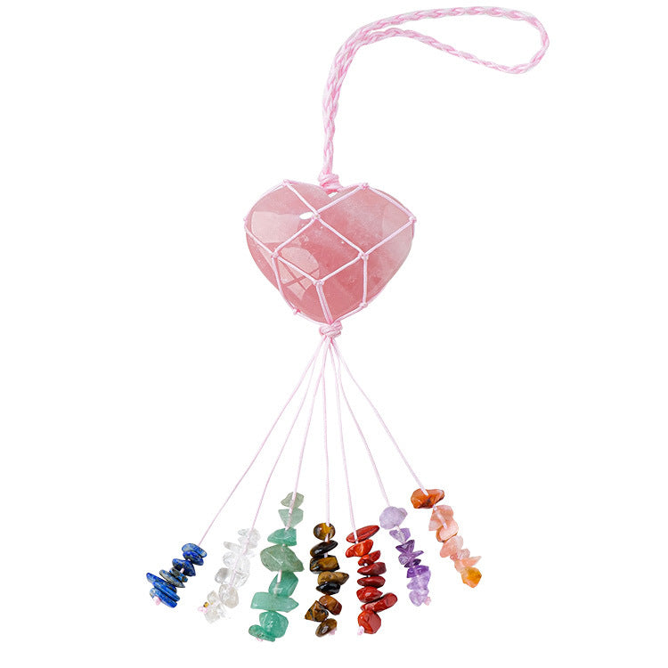 Pink Crystal Love Pendant Pink Crystal Original Stone Heart shaped Peach Heart Colorful Crushed Stone Tassel Pendant - Korvel