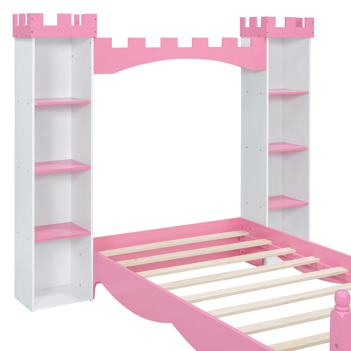Lit jumeau en bois en forme de château avec étagère de rangement