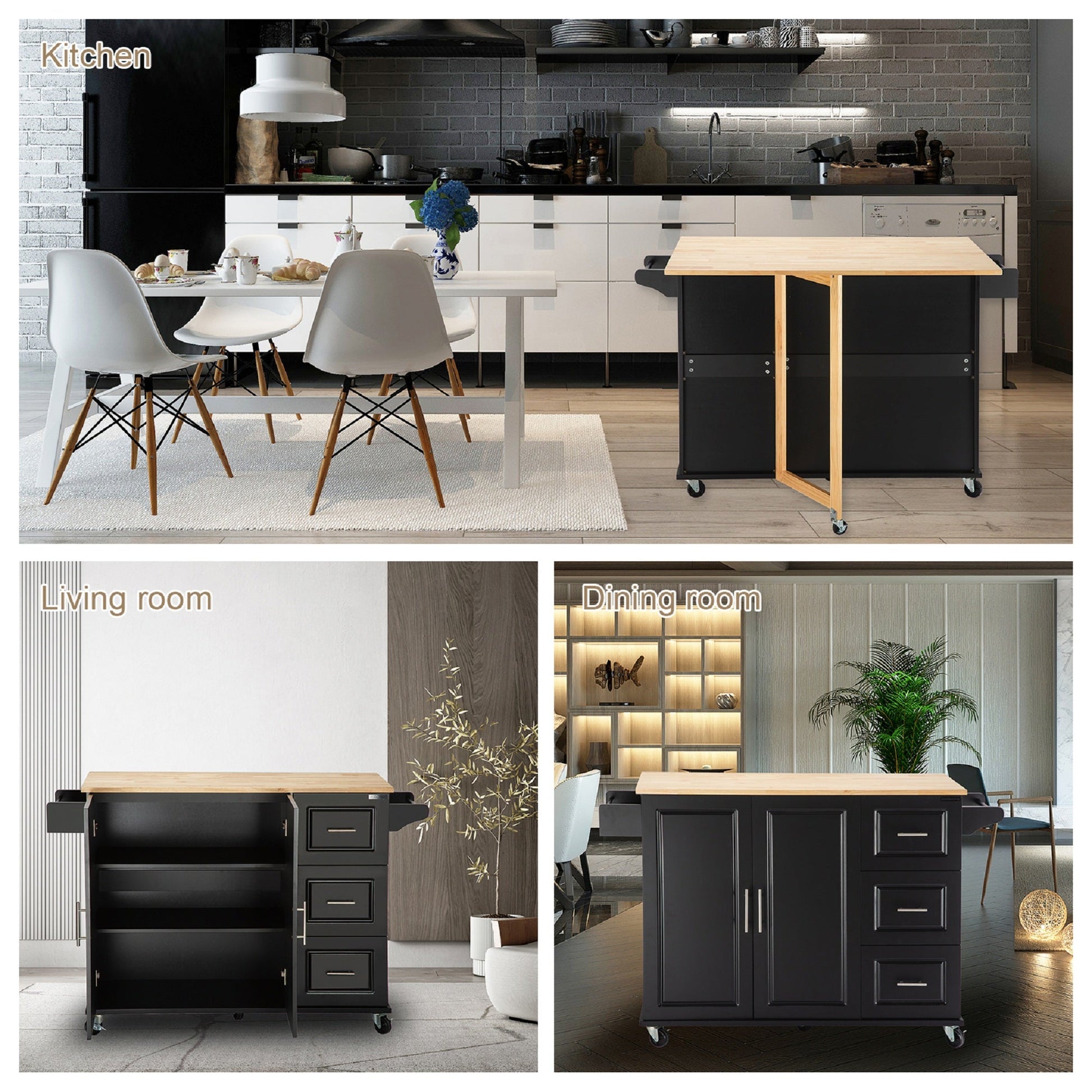 Kitchen Island & Kitchen Cart Mobile Kitehcn Island with Extensible Rubber Wood Table Top - Korvel