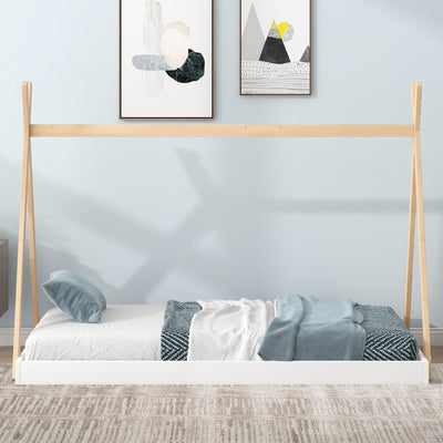 Twin Size Tent Floor Bed with Triangle Structure  White+Natural - Korvel