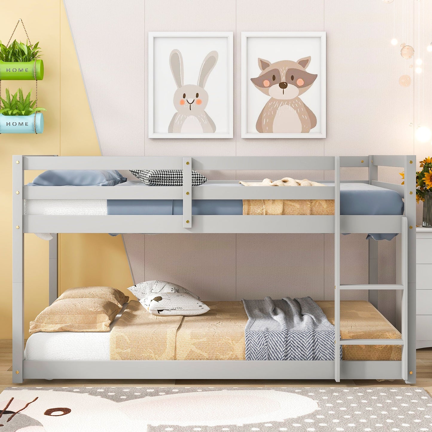Twin over Twin Floor Bunk Bed,Grey - Korvel