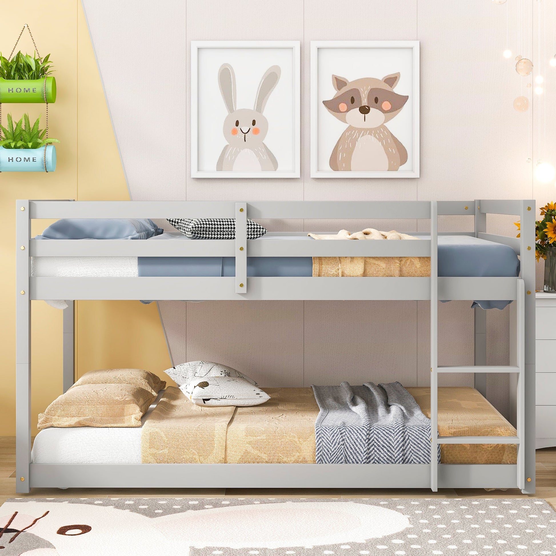Twin over Twin Floor Bunk Bed,Grey - Korvel