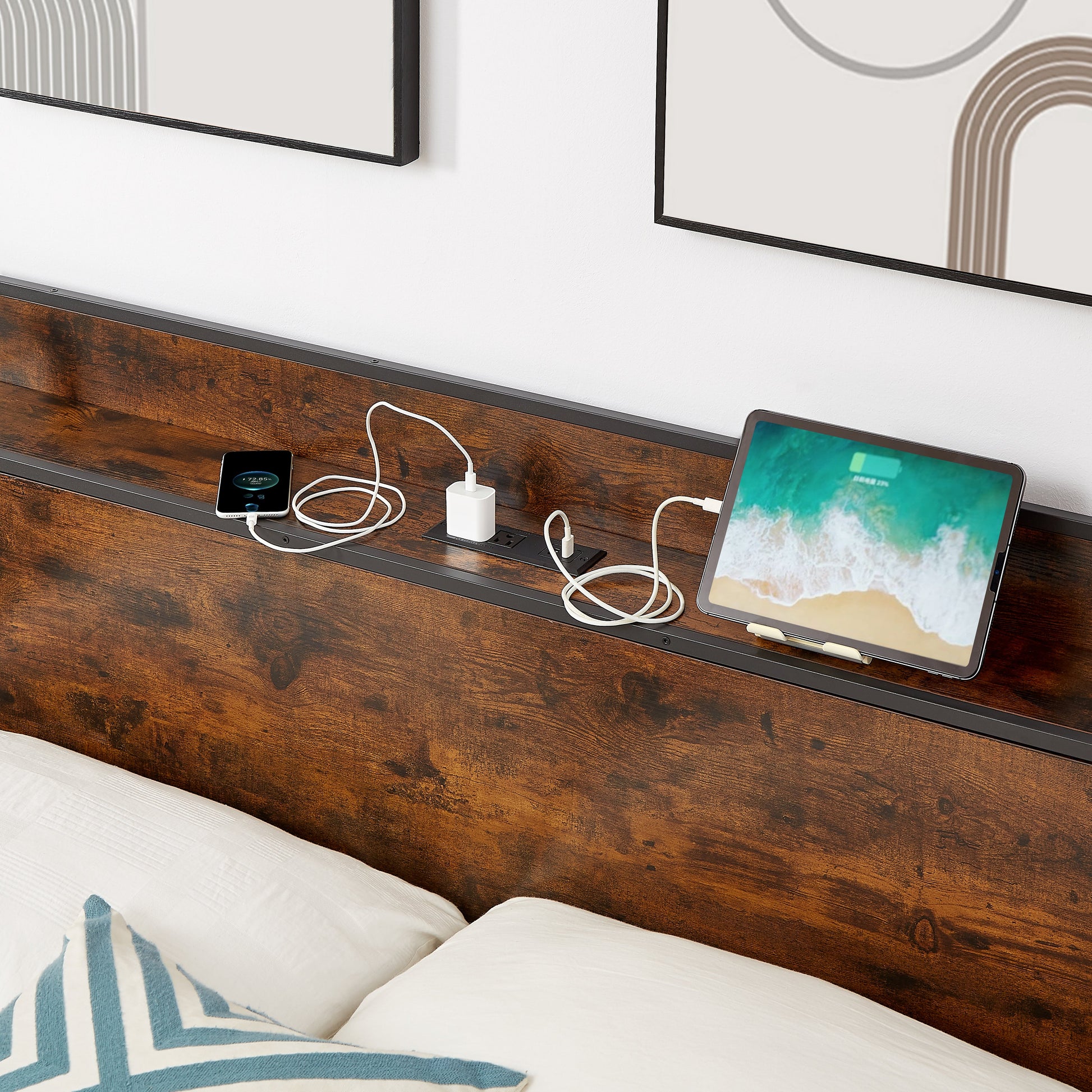 Bed frame with charging station full size, Rustic Brown, 83.1'' L x 56.1'' W x 39'' H - Korvel