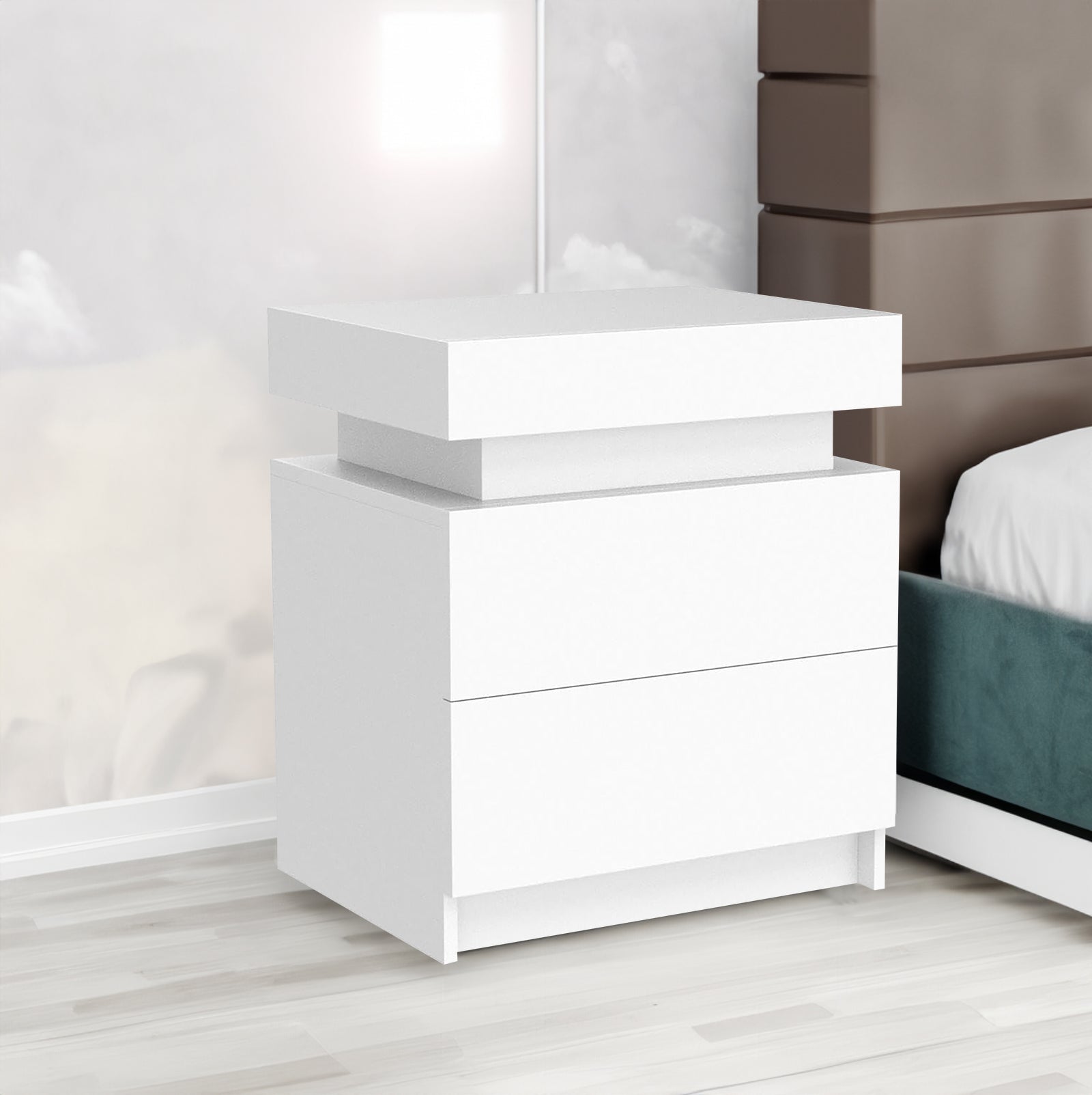 Modern white Nightstand With 2 Storage Drawers,Led Lights, End Table For Bedroom Furniture - Korvel