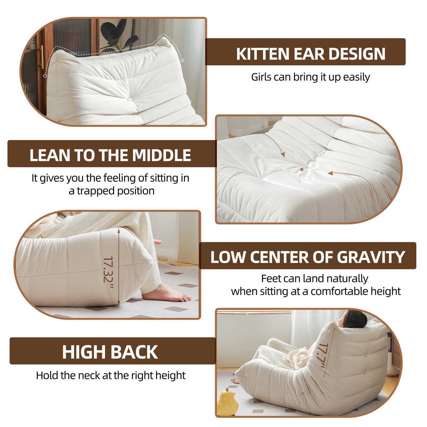 Sillón de frijoles grande sin instalación para adultos - Blanco roto