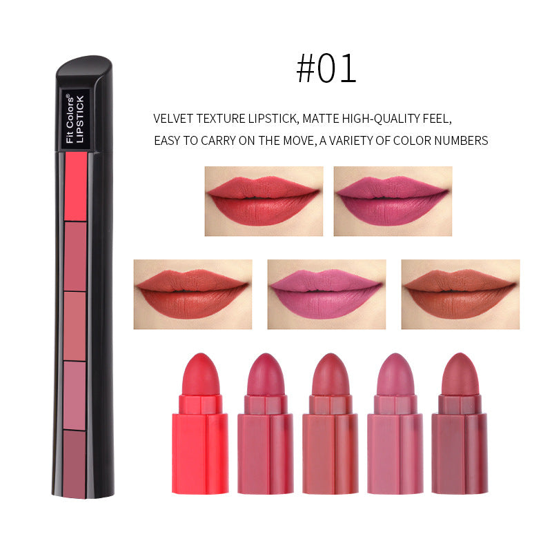 Fit Colors Matte 5-Color Lipstick Combination 5 Matte Velvet Color Non-Stick Cup Lip Gloss Lipstick - Korvel
