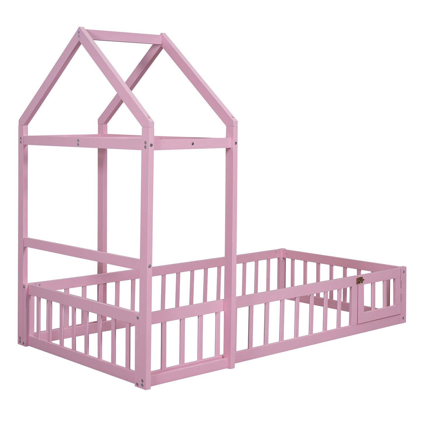 Wooden Twin Size Children's Bed with Detachable Headboard, Pink