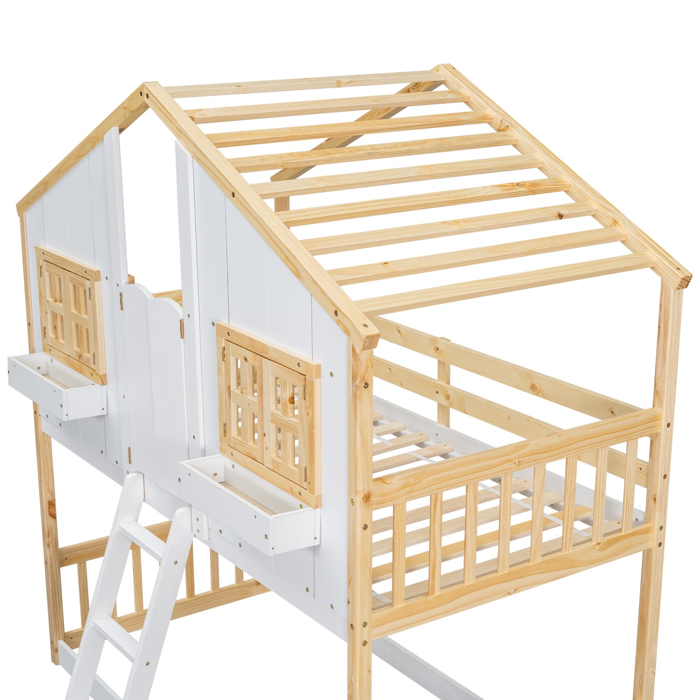 Twin over Twin House Bunk Bed with Roof , Window, Window Box, Door , with Safety Guardrails and Ladder, Natural/White - Korvel