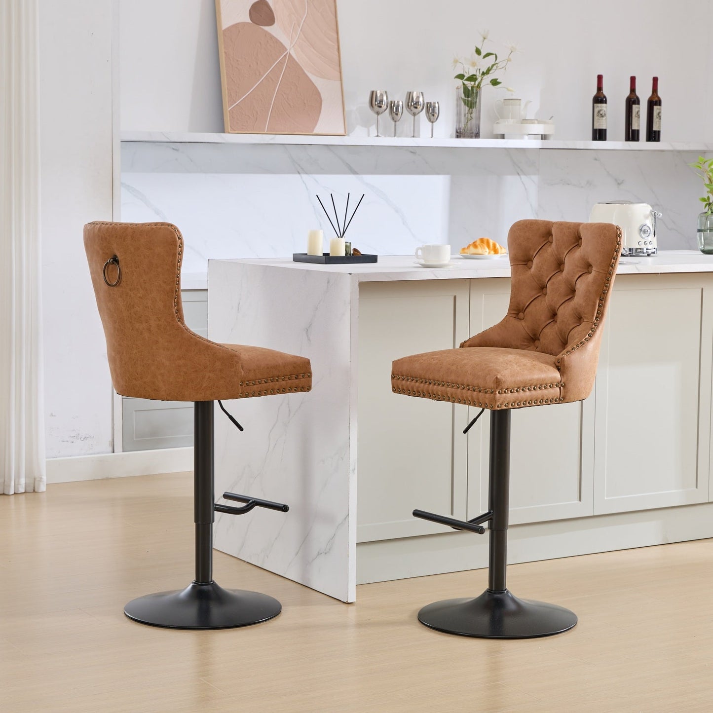 Vintage PU rotating bar stool, seat height adjustable from 25-33 inches, modern bar stool (orange, 2-piece set) - Korvel