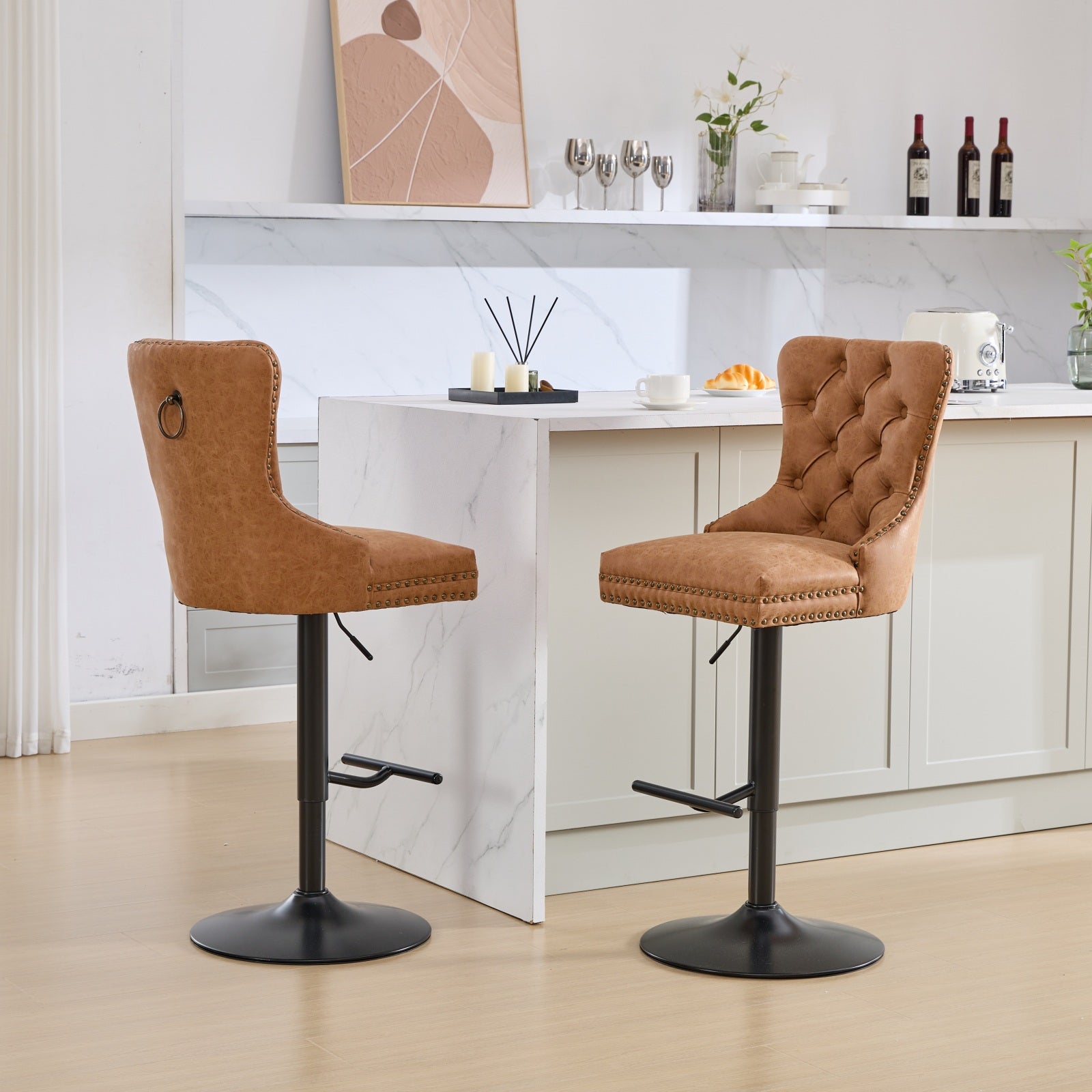 Vintage PU rotating bar stool, seat height adjustable from 25-33 inches, modern bar stool (orange, 2-piece set) - Korvel