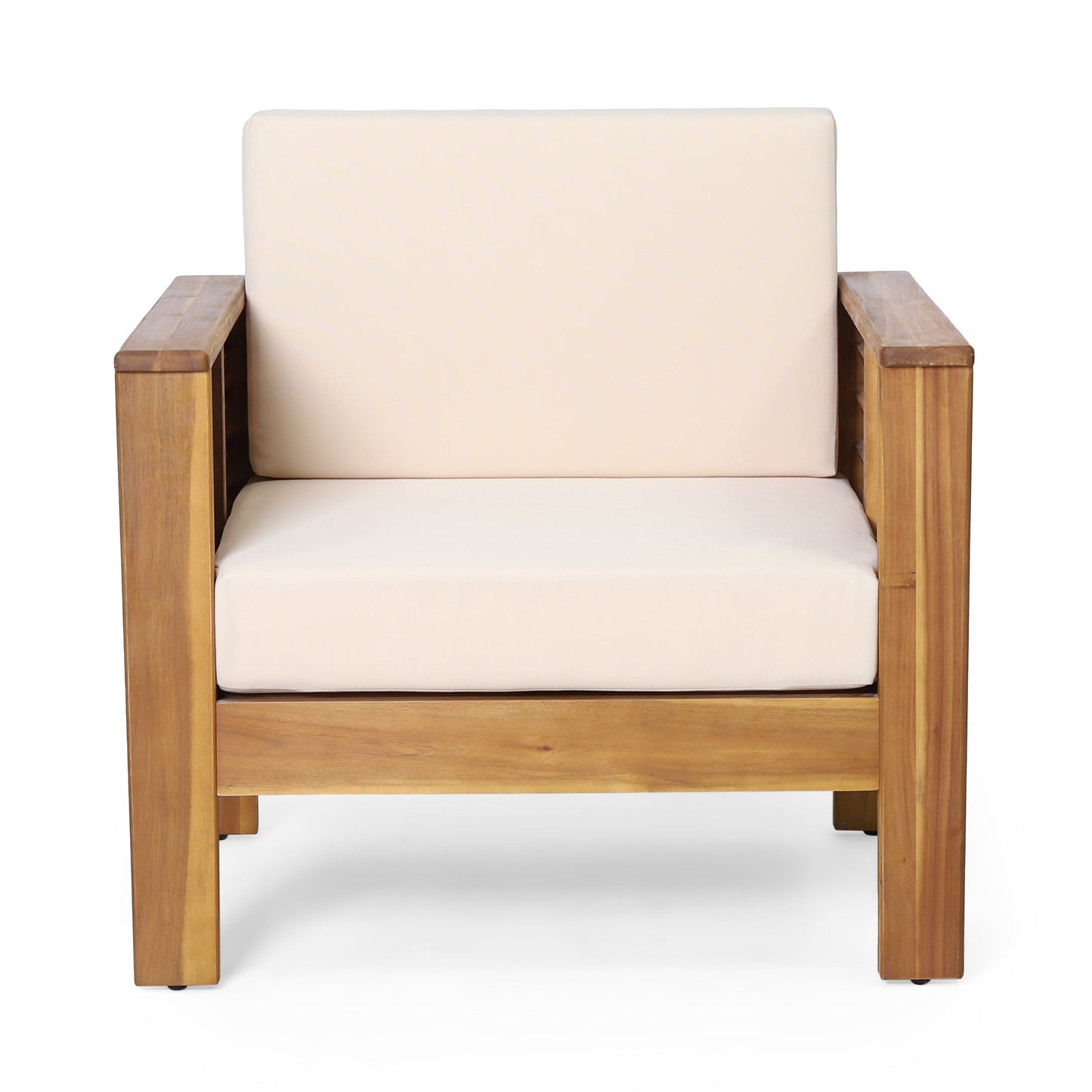 Outdoor Acacia Wood Club Chairs with Cushions, Teak+Beige, 27.75"D x 32"W x 27.75"H - Korvel