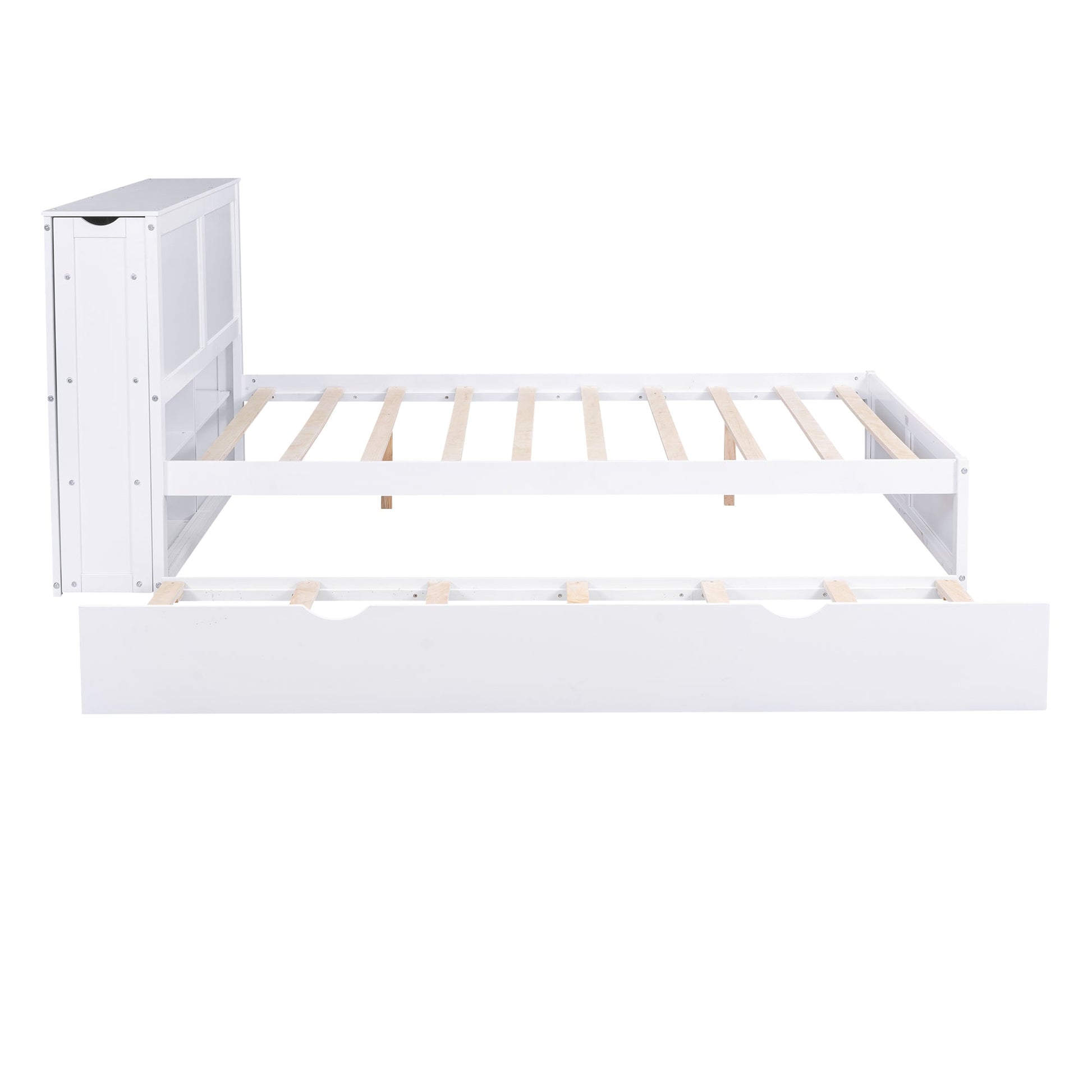 Queen Size Storage Platform Bed with Pull Out Shelves and Twin XL Size Trundle  White - Korvel