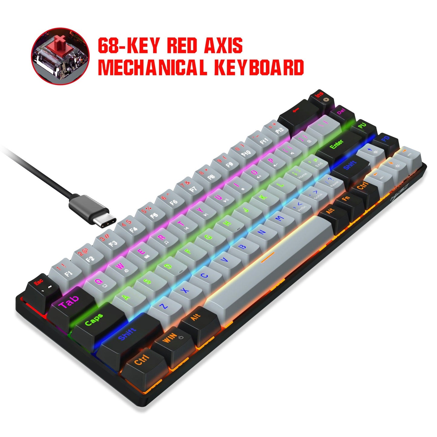 New 68 key RGB luminous esports game with blue and red axis mechanical keyboard laptop MAC 60% - Korvel
