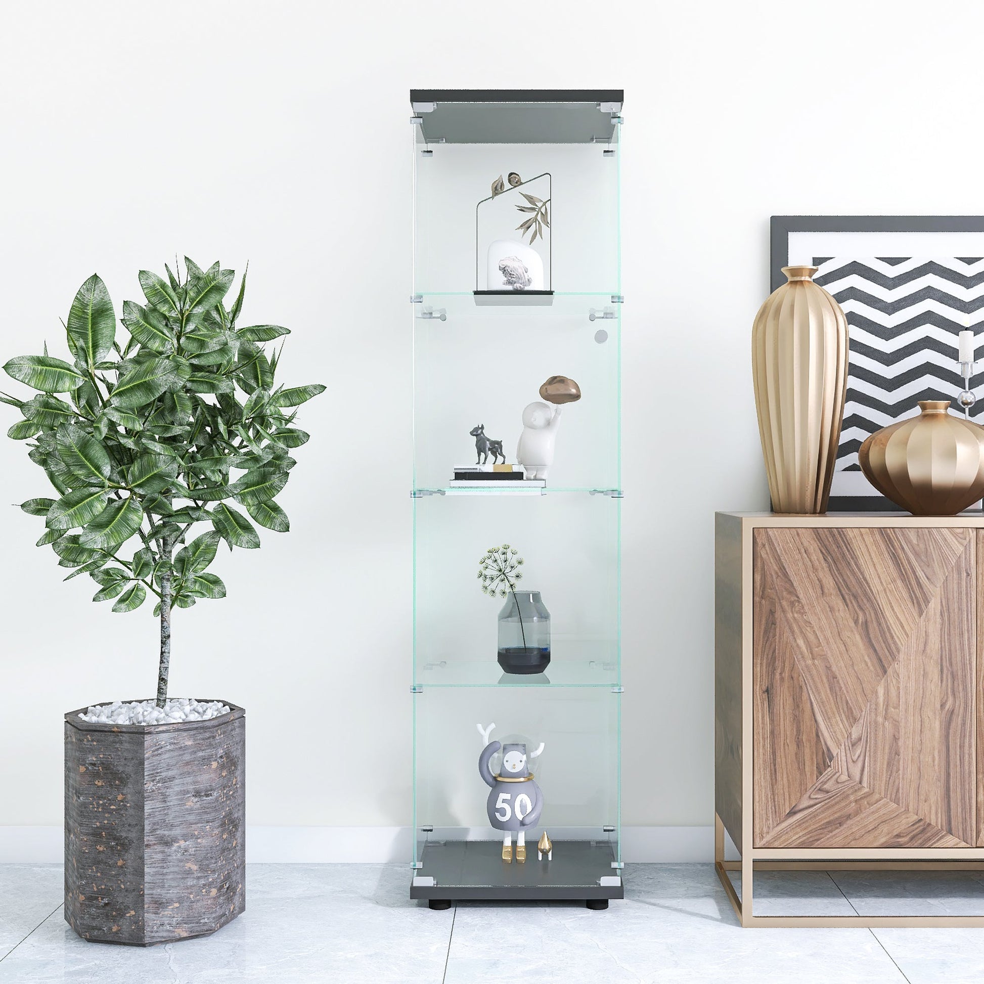 4 glass display cabinets with door shelves, floor standing antique bookshelf, 64.7 "* 16.7" * 14.3 ", black - Korvel