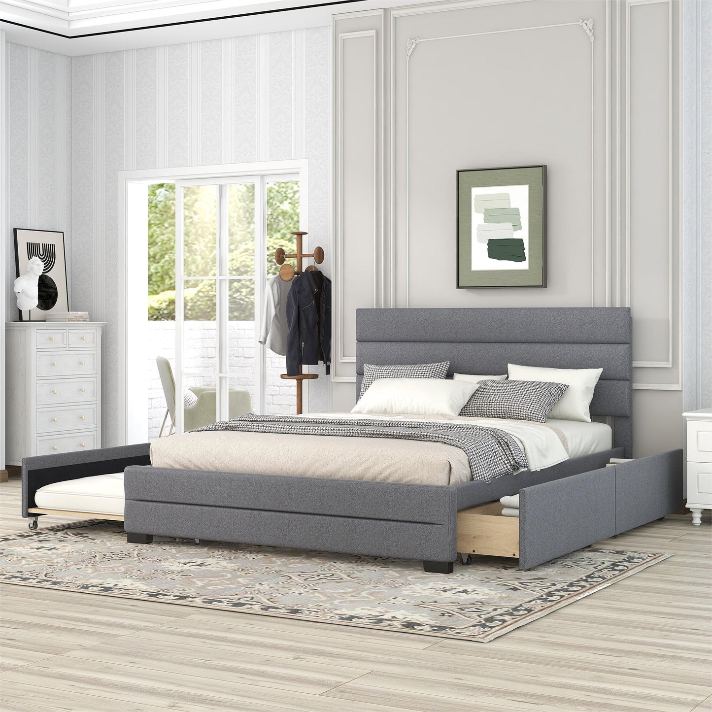 Queen Upholstered Platform Bed with Twin Size Trundle and Two Drawers Grey - Korvel