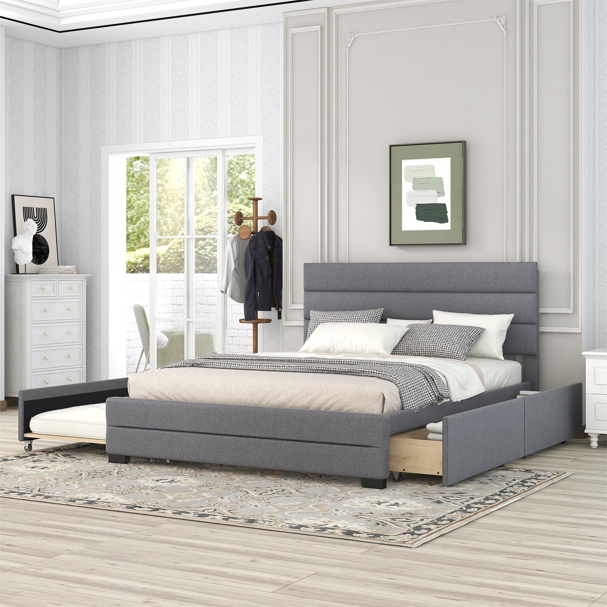 Queen Upholstered Platform Bed with Twin Size Trundle and Two Drawers Grey - Korvel