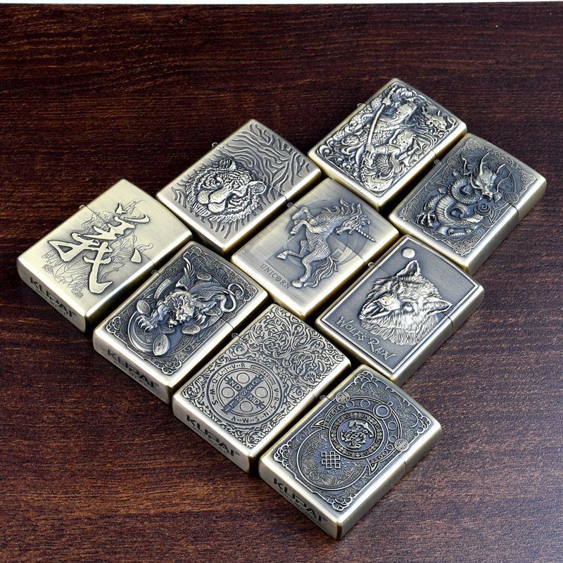 Retro Windproof Kerosene Lighter with Bronze Relief Design