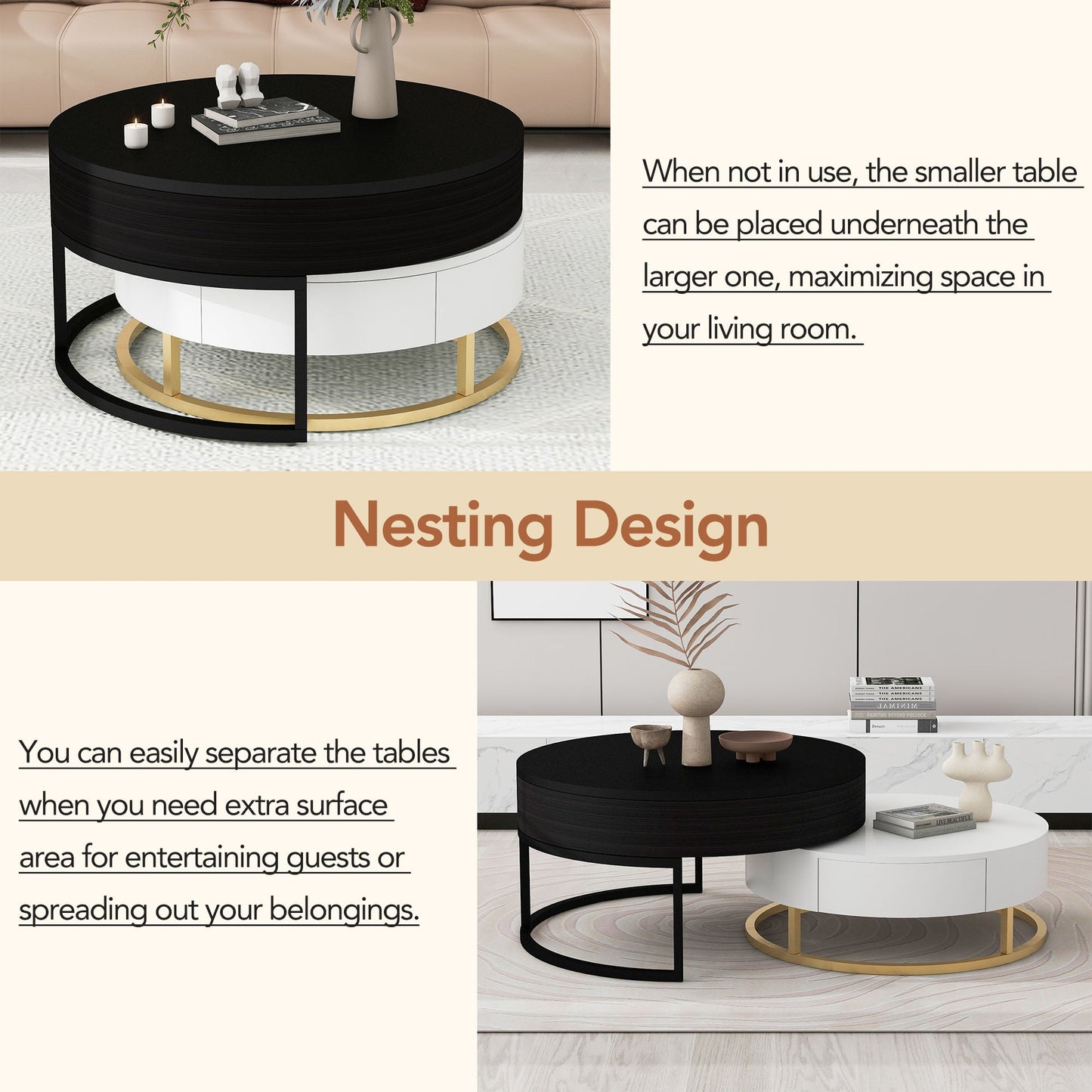 Tables basses empilables rondes modernes avec plateau relevable et tiroirs