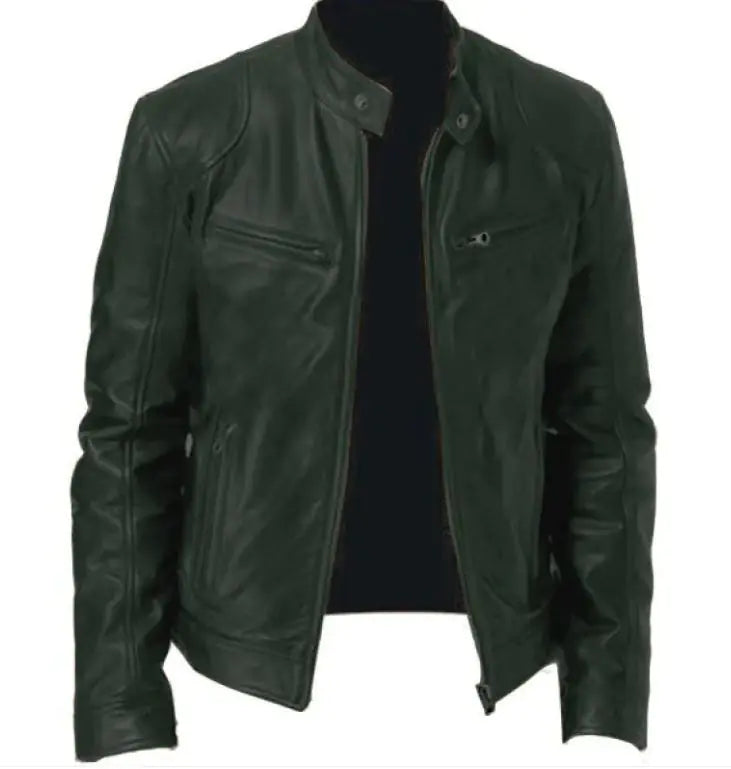 Chaqueta de Cuero PU con Cremallera para Hombre con Cuello Alto