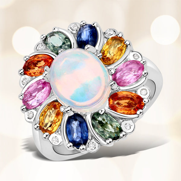 Bague en Opale Éthiopienne de 3,92 Carats et Multi Saphirs en Argent Sterling